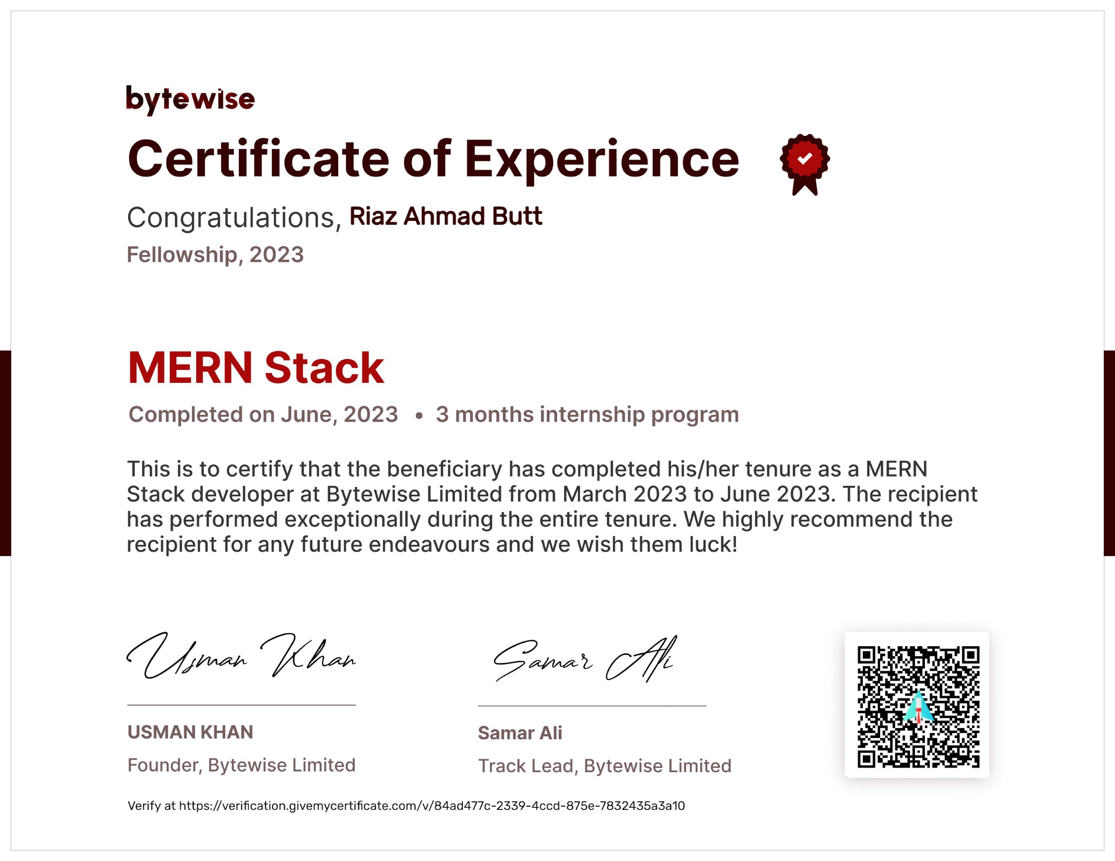 Awarded for completing a 3-month MERN Stack Fellowship with Bytewise Limited, showcasing expertise in building full-stack applications using MongoDB, Express, React, and Node.js. avatar